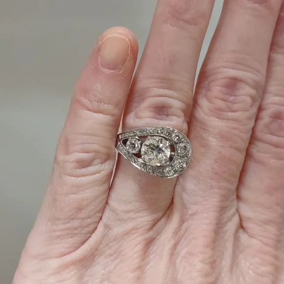 Old European cut diamond ring 14kt white gold U design - Picture 5 of 17